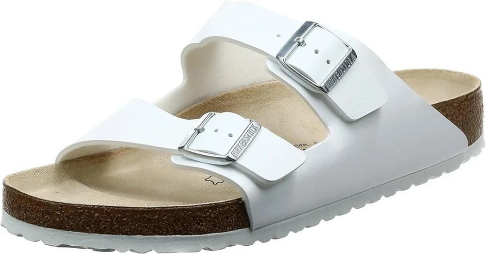 New in-Box Birkenstock Arizona Birko Flor Straps Sandal Mocca White Women sz 11